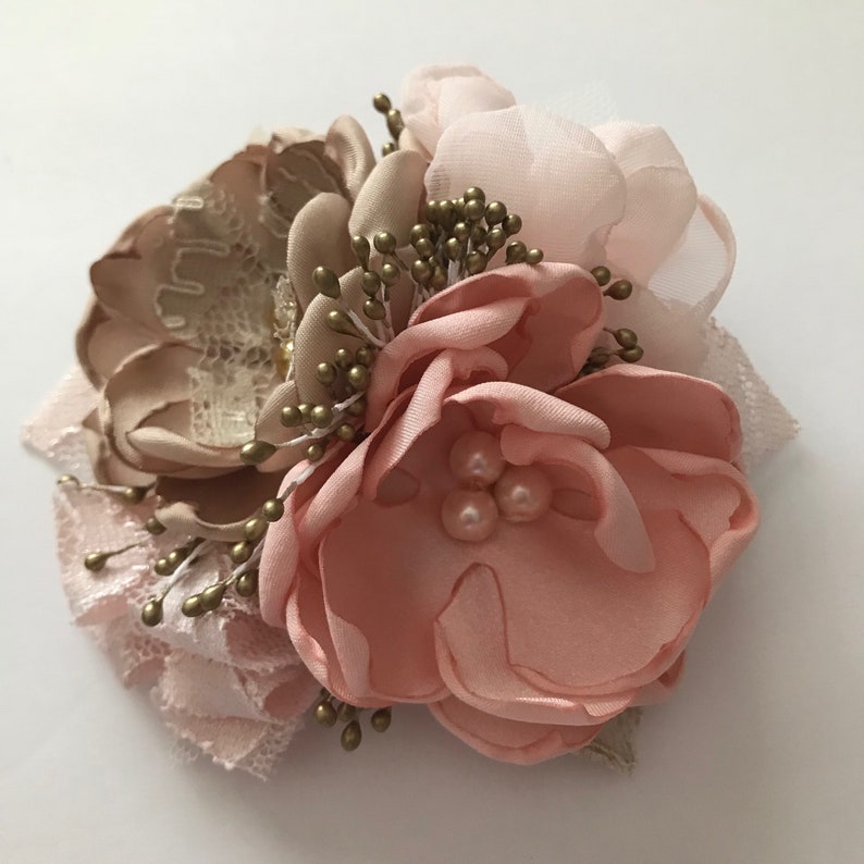 Fabric Flower Pin Wedding Sash Pin Champagne and Blush Corsage Pin Grandmother Mother/'s Corsage Waist Pin Pink Fabric Corsage
