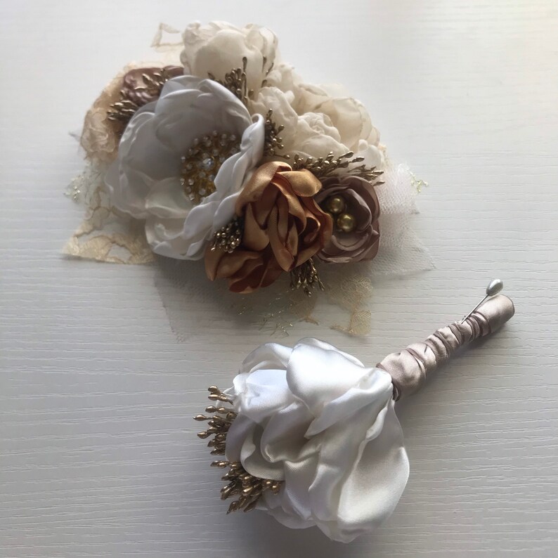 Large Wrist Corsage in Cream Champagne and Gold or Etsy