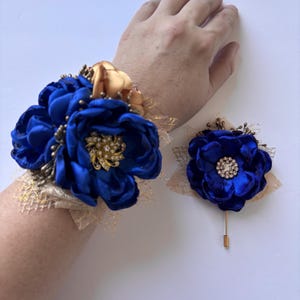 Cobalt Blue and Gold - Wrist Corsage or Boutonnière - Cerulean Blue Fabric Flowers, Royal Blue, Gold, Prom Flowers, HOCO Flowers, Homecoming