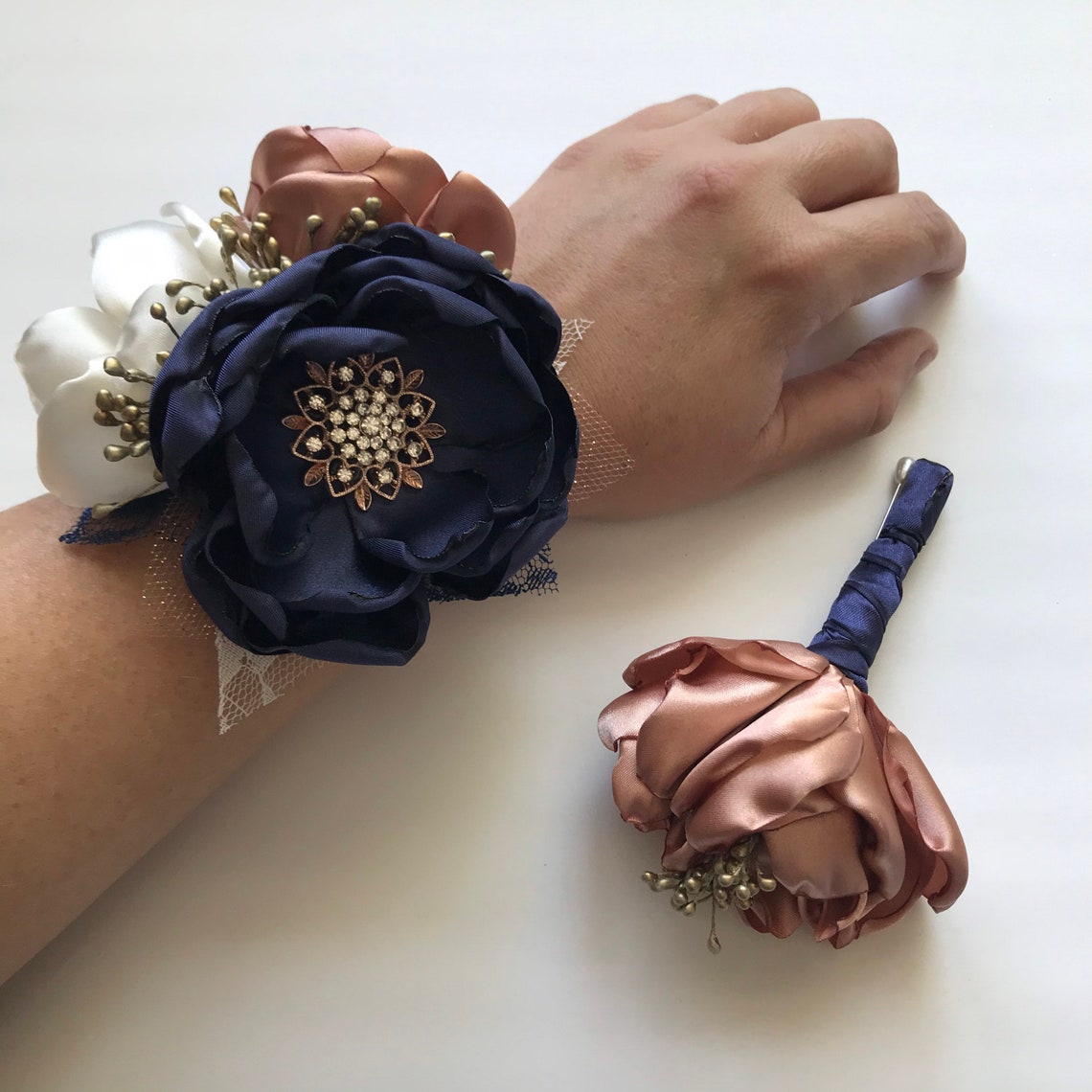 Navy Rose Gold and Cream Wrist Corsage or Boutonnière image 1