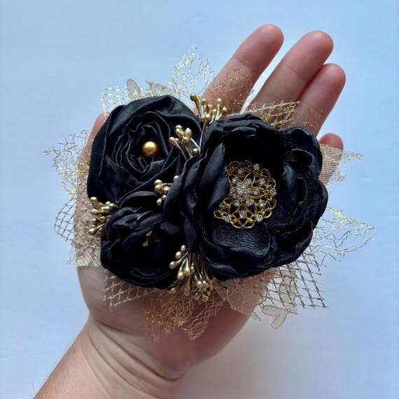 Hand Crafted Gold Floral Fabric Hair Accent with Black Print Black and Gold Floral Fabric - Etsy main image 4