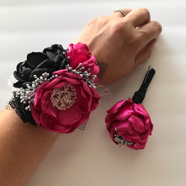Hot Pink and Black Wrist Corsage or Boutonnière