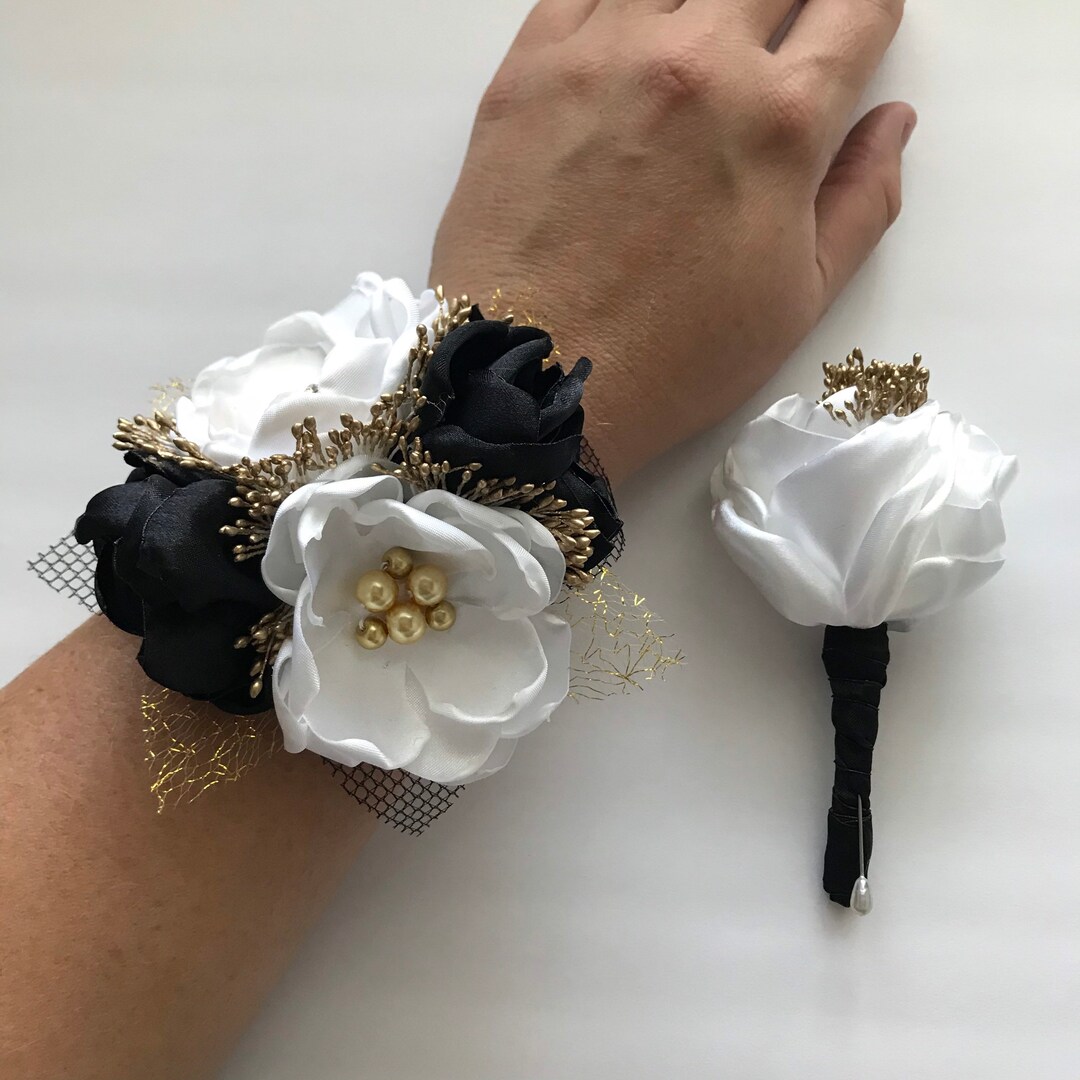 Black, White and Gold Wrist Corsage or Boutonnière - Etsy