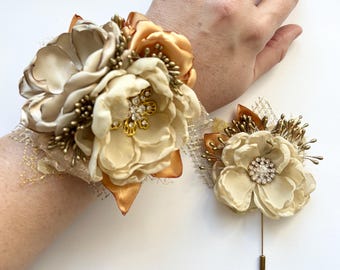 Champagne & Gold Fabric Flower Corsage or Boutonnière – Handmade Prom Set