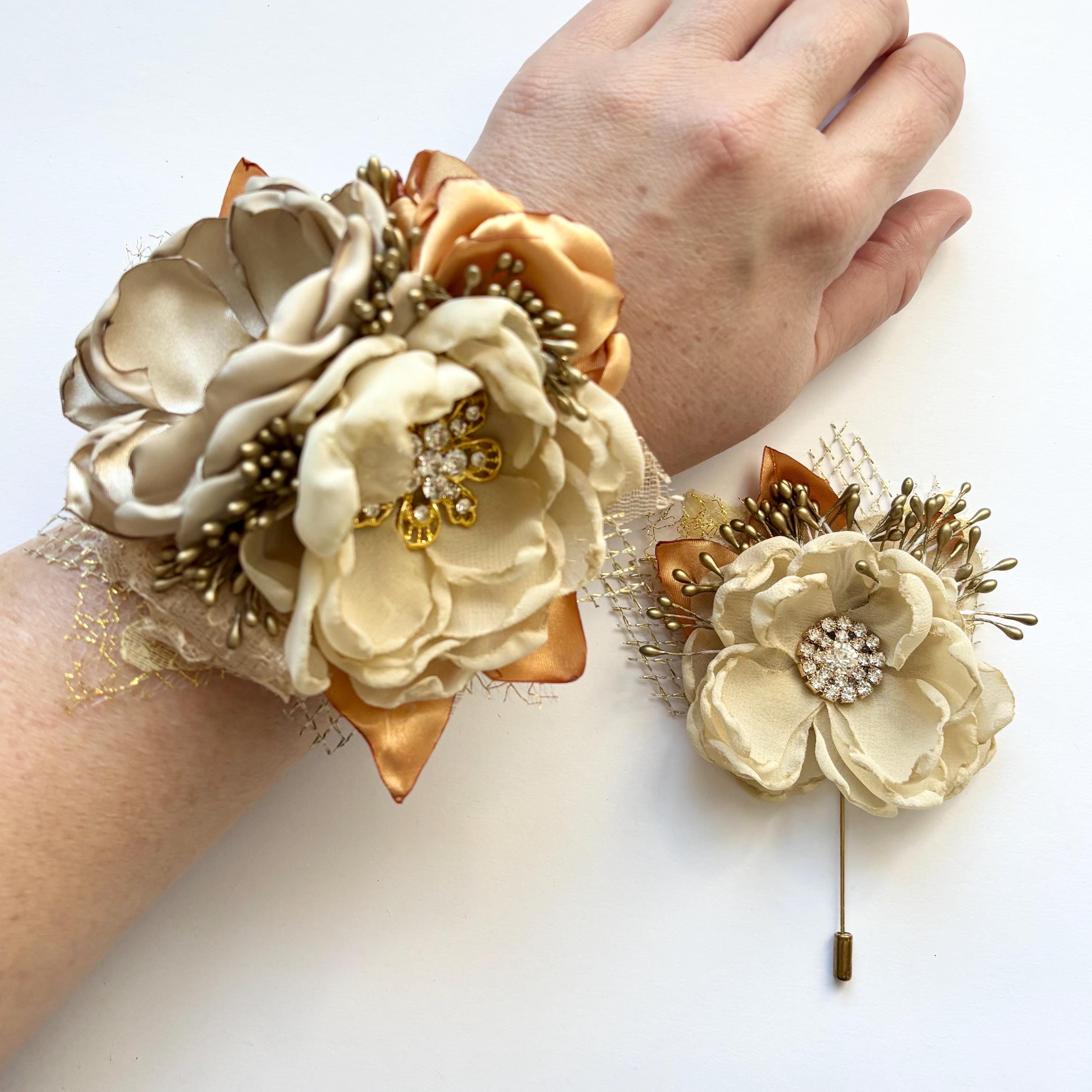 tx8627 Fleur Antique Champagne ゴールド Champagne and Gold Corsage or Boutonnière - Silk Flowers, Fabric