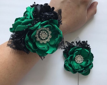 Emerald Green and Black Corsage or Boutonnière - Handmade Fabric Flowers, Fabric Roses, Prom Flowers, HOCO Flowers, Wedding Flowers, Roses