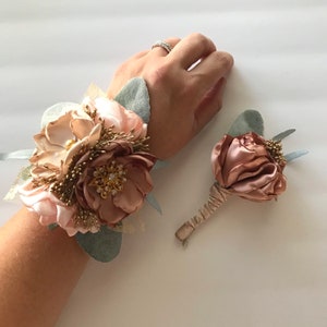 Rose Gold Corsage and Boutonnire Set, Wedding Flowers Rose Gold Corsage and Boutonnire Set, Wedding Flowers