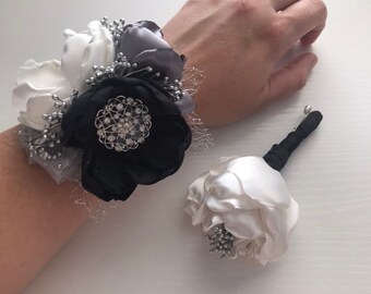 Black, Charcoal, Silver and Cream - Corsage or Boutonnière