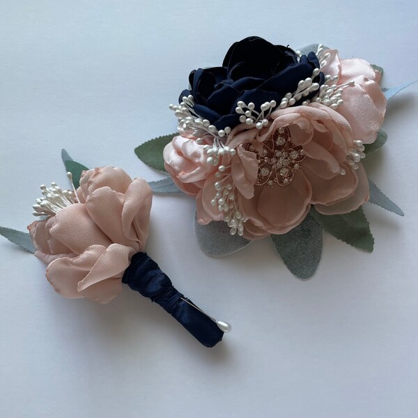 Blush and Navy with Greenery -  Corsage or Boutonnière