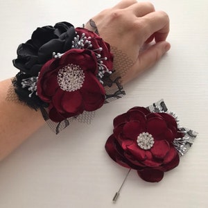 Wine Red and Black Corsage or Boutonnière