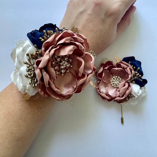 Rose Gold, Navy Blue, and Cream Wrist Corsage or Boutonnière