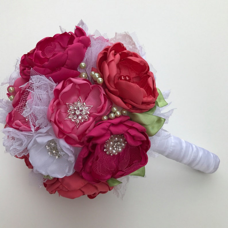 Fabric Flower Bouquet Faabric Flowers Bouquet Coral Pink Fabric Wedding Flowers Pink Bridal Large Size Hot Pink and Pure White