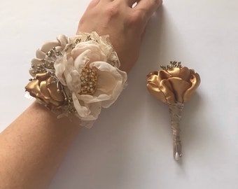 Corsage ou boutonnière champagne et or