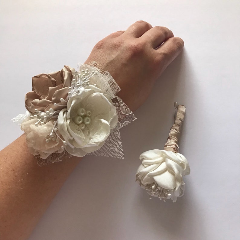 Champagne and Cream Wrist Corsage or Boutonniere 