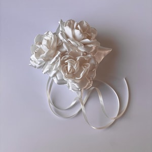 Handmade Satin Ring Pillow – Cream Fabric Flowers, Tufted Button