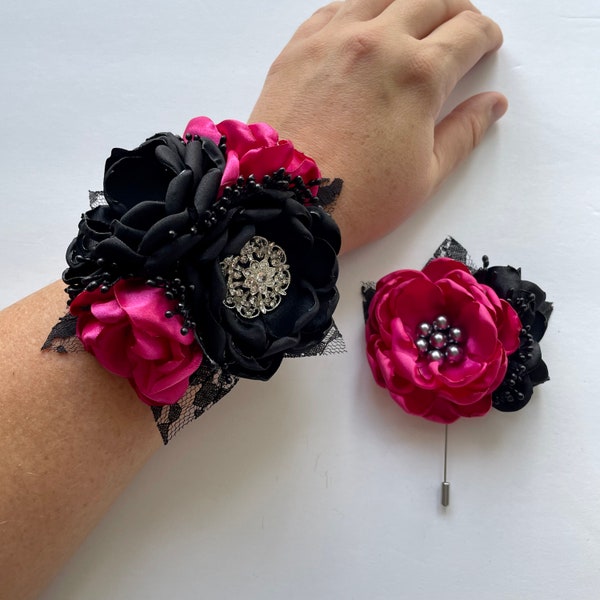 Hot Pink & Black Fabric Flower Corsage or Boutonnière – Rhinestone Center