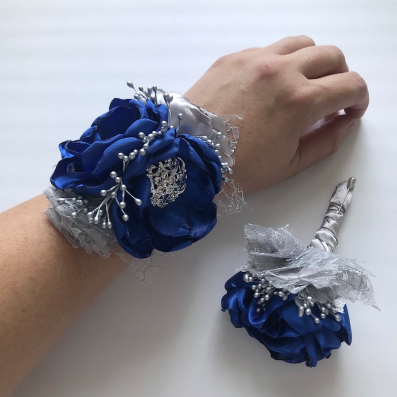 Royal Blue and Silver Corsage or Boutonniere image 0