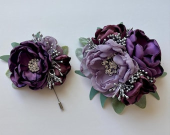 Lilac & Lavender Corsage Boutonniere Set – Silk Satin Flowers