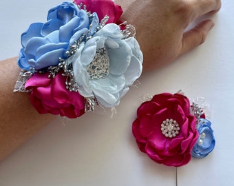 Hot Pink and Soft Blue Corsage or Boutonnière