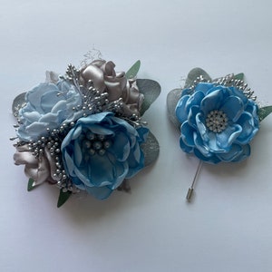 Baby Blue and Silver with Greenery - Corsage or Boutonnière