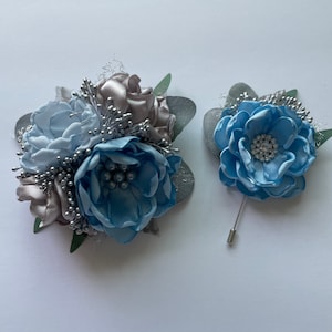 Baby Blue and Silver with Greenery - Corsage or Boutonnière - Silk Flowers, Fabric Flowers, Greenery, Wrist Corsage, Prom, Homecoming, Roses