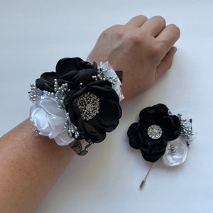 Black and White with Silver Corsage or Boutonnière - Fabric Flowers, Wedding, Roses, Fabric Roses, Prom, Homecoming, HOCO, Silk Flowers