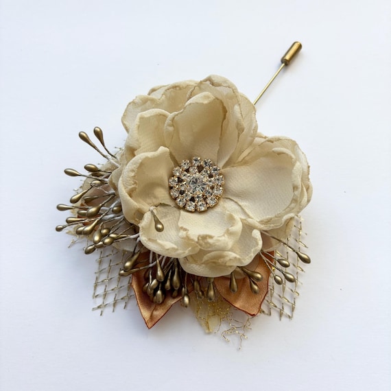 Champagne and Gold Corsage or Boutonnière - Silk Flowers, Fabric