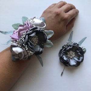 Silver, Wisteria, and Charcoal Grey, with Greenery Corsage or Boutonnière