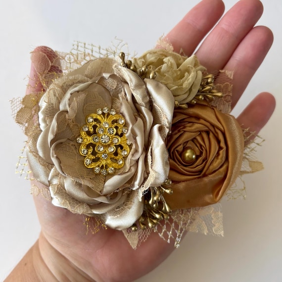 Champagne and Gold Fabric Flower Fascinator - Champagne and  display picture 2