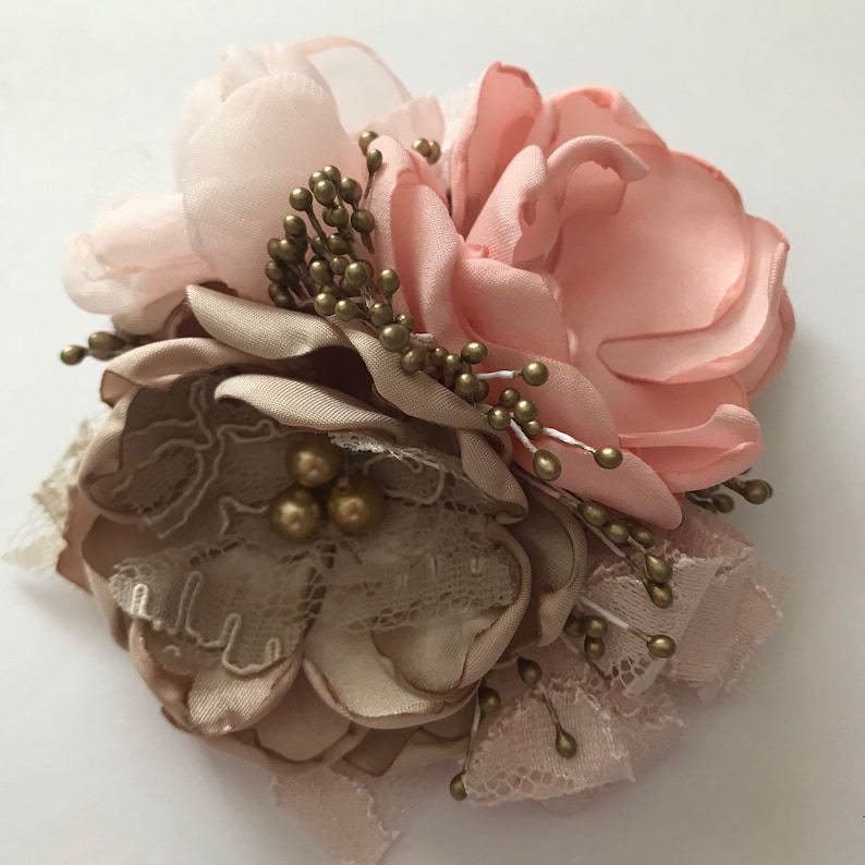 Fabric Flower Pin Wedding Sash Pin Champagne and Blush Corsage Pin Grandmother Mother/'s Corsage Waist Pin Pink Fabric Corsage