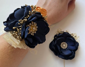 Navy and Gold Wrist Corsage or Boutonnière