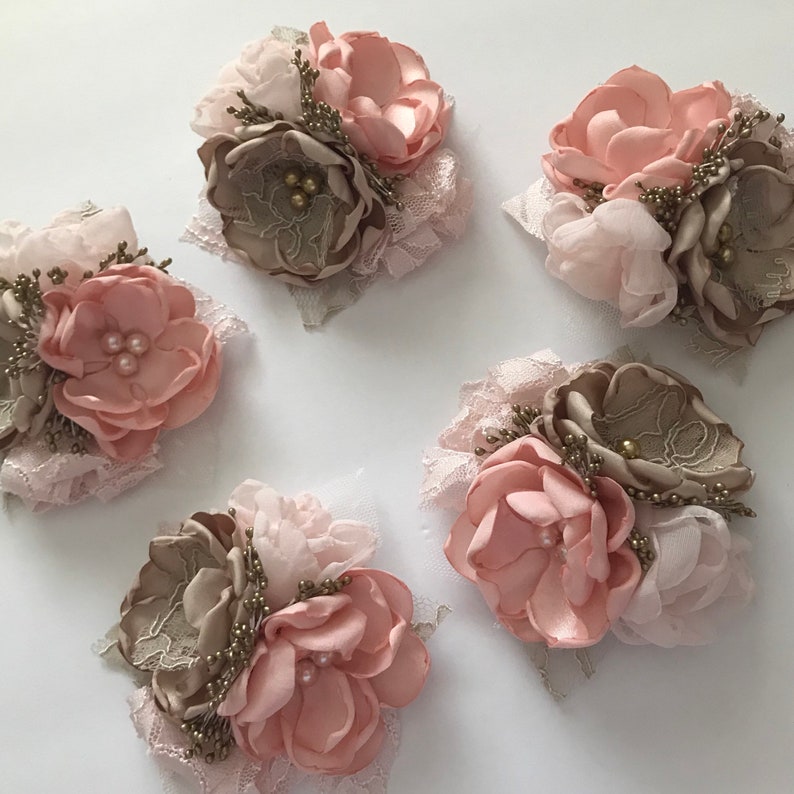 Fabric Flower Pin Wedding Sash Pin Champagne and Blush Corsage Pin Grandmother Mother/'s Corsage Waist Pin Pink Fabric Corsage