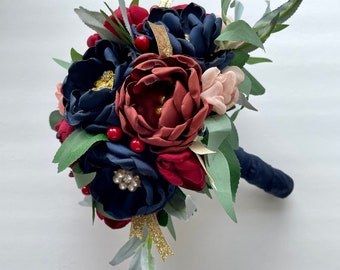 Navy and Reds Fabric Flower Bouquet