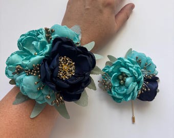 Teal and Navy Corsage or Boutonnière Set - Choose Your Pieces - Fabric Flower Corsage, Silk Flowers, Satin Flowers, Prom, Homecoming, Roses