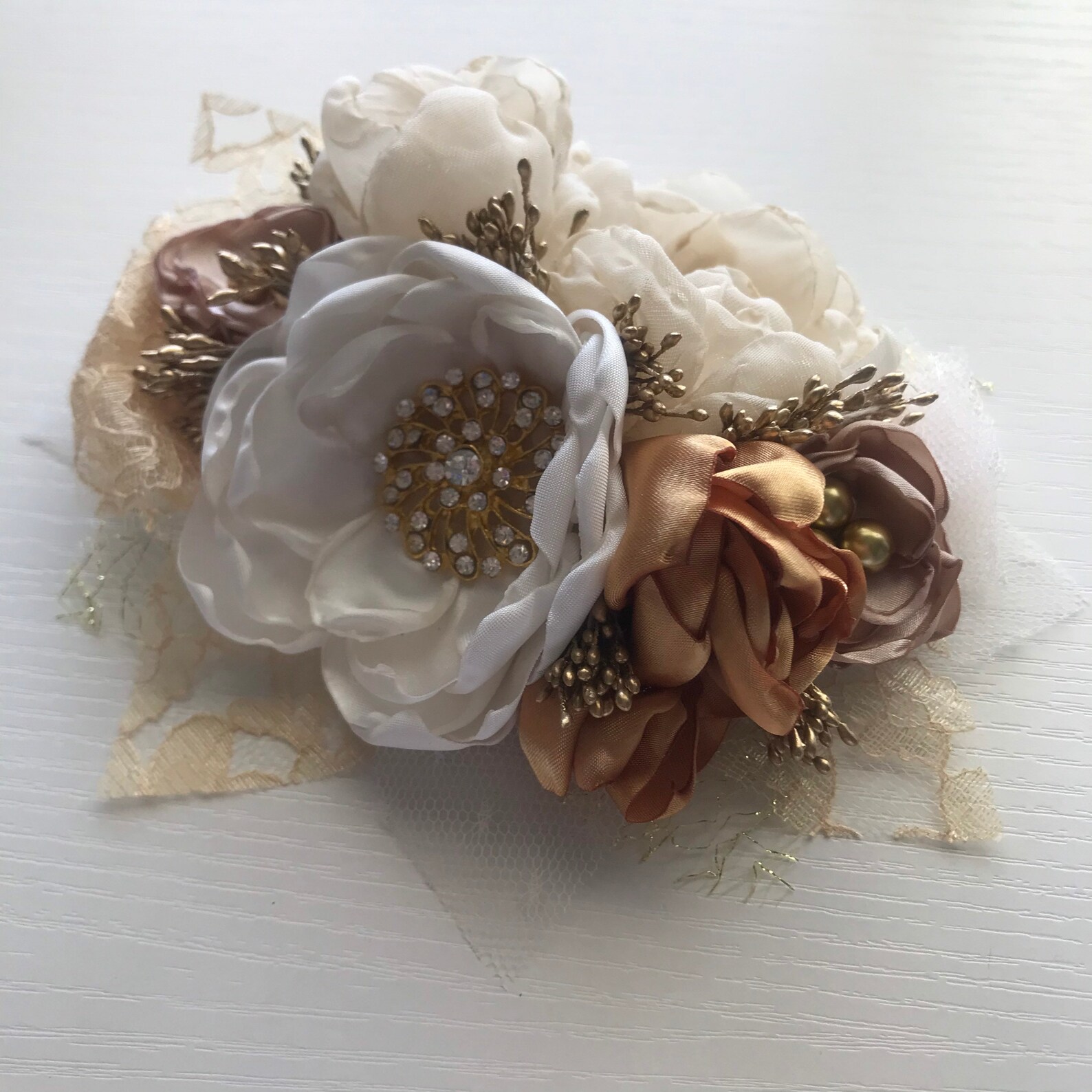Large Wrist Corsage in Cream Champagne and Gold or Etsy