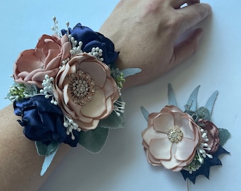 Rose Gold, Ballet Pink and Navy with Greenery, Corsage or Boutonnière