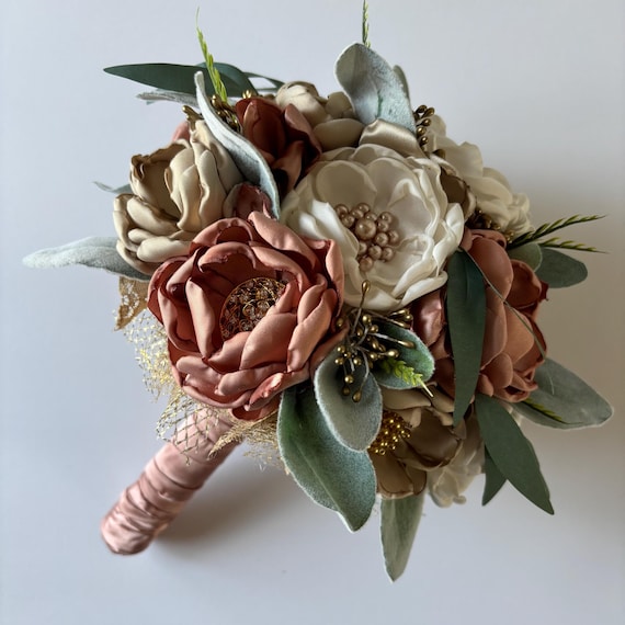 Rose Gold, Champagne and Cream Bouquet With Greenery - Wedding