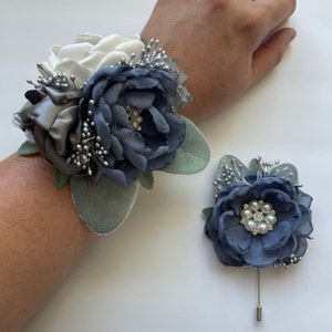 Dusty Blue, Cream and Charcoal Grey with Greenery Corsage or Boutonnière