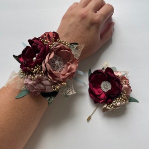 Wine Red, Dusty Mauve, Burnt Orange, and Rose Gold Corsage or Boutonnière