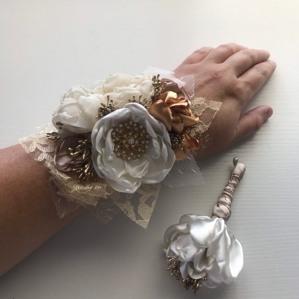 Large Wrist Corsage in Cream Champagne and Gold or Etsy