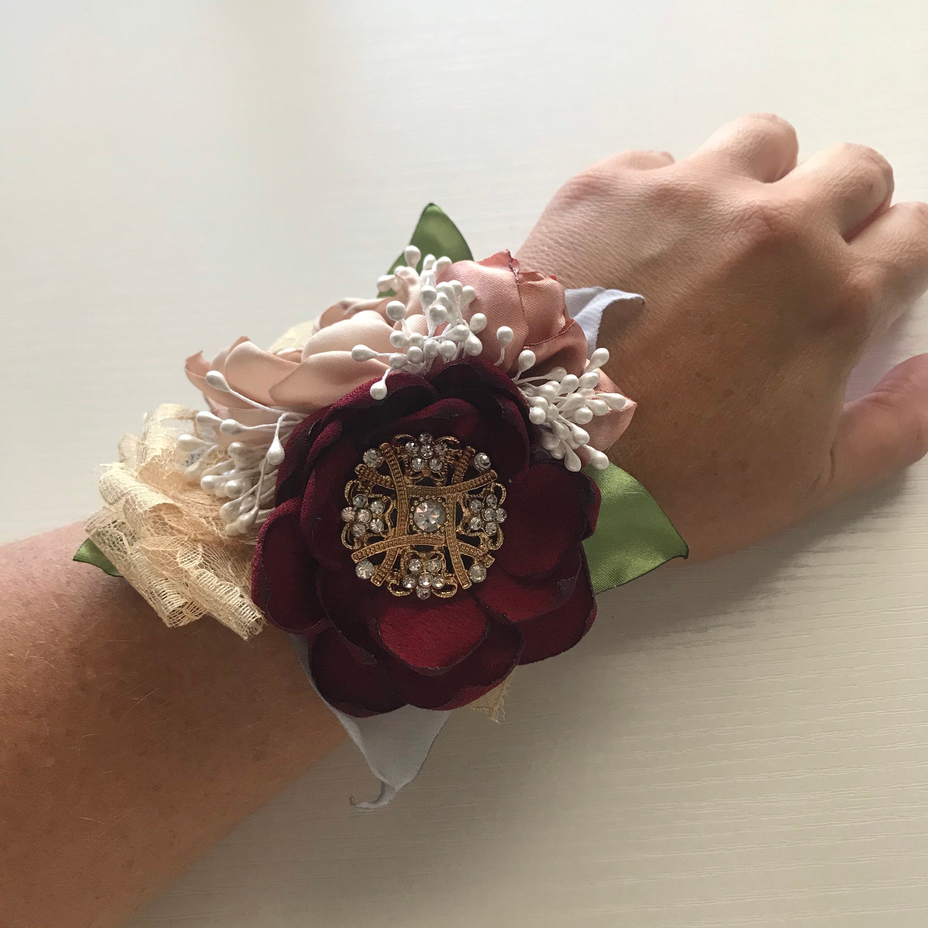 Wine Red and Dusty Blue Wrist Corsage Etsy