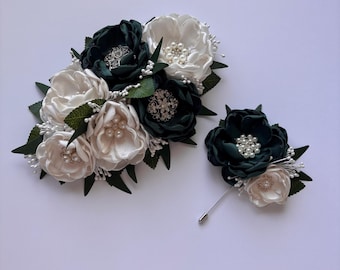 Conjunto de ramillete o prendedor extragrande de color verde joya y blanco crema para muñeca - Conjunto de ramillete de flores de tela, ramillete de muñeca drapeado, forma de lágrima