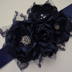 Navy Blue Fabric Flower Sash - Handmade Satin Flowers, Silk Flowers, Fabric Flowers, Wedding Flowers, Wedding Belt, Flower Belt, Prom Belt