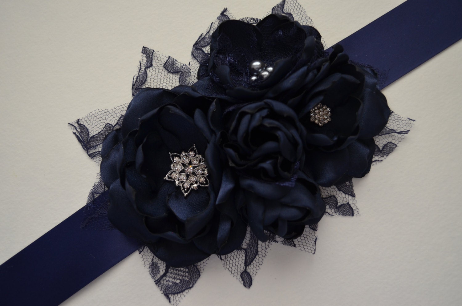Vtg J.Crew Navy Blue Fabric‎ Flower Ribbon Belt Rhinestone Center Sash Accessory J.CREW Rhinestone Belts for Women for sale | eBay main image 2