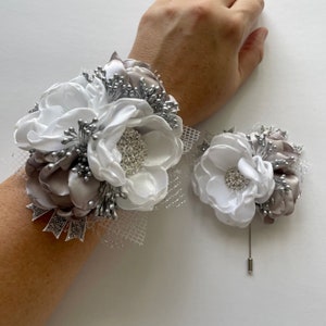 Silver and Pure White - Corsage Or Boutonnière Set - Fabric Flowers, Flower Bracelet, Flower Corsage, Flower Boutonniere, Fabric Flowers