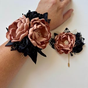Rose Gold & Black Flower Corsage Set – Handmade Prom Flowers