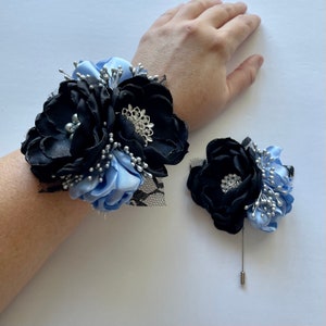 Baby Blue and Black with Silver - Corsage or Boutonnière, Blue and Black Roses, Fabric Flowers, Prom Flowers, HOCO Flowers, Homecoming, Rose