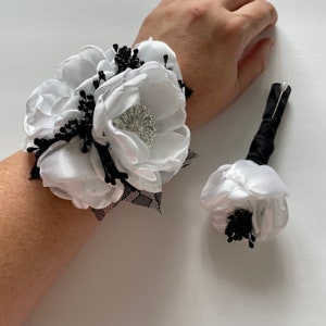 Pure White with a Touch of Black Corsage or Boutonnière - Fabric Flowers, Handmade Flowers, Silk Roses, Satin Roses, Prom, Homecoming, Black