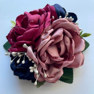 Cranberry, Mauve and Navy Blue - Corsage or Hair Clip