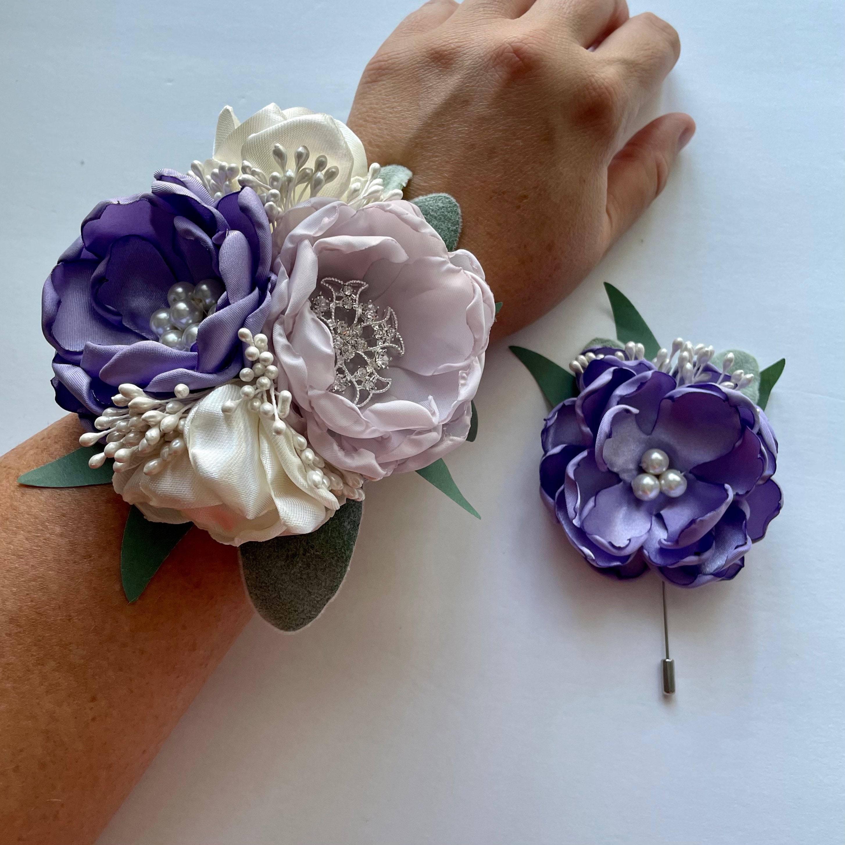 Lavender and Silver wrist corsage and magnet boutonniere in Pratt, KS